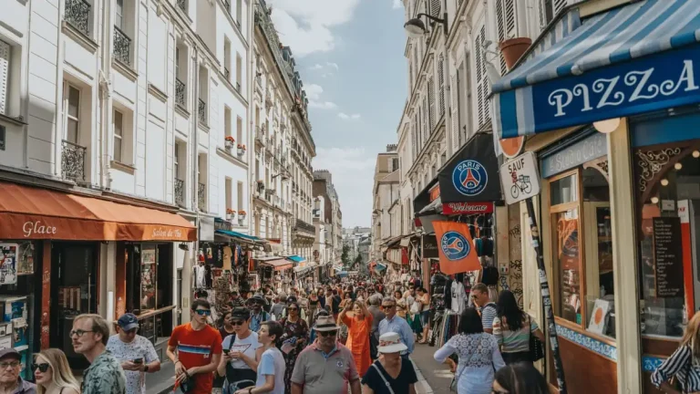 Rue commerçante de Montmartre noire de piétons entre les façades blanches, sans aucune voiture