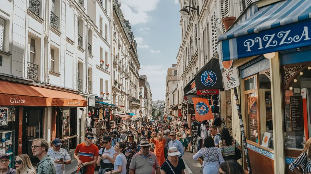Rue commerçante de Montmartre noire de piétons entre les façades blanches, sans aucune voiture