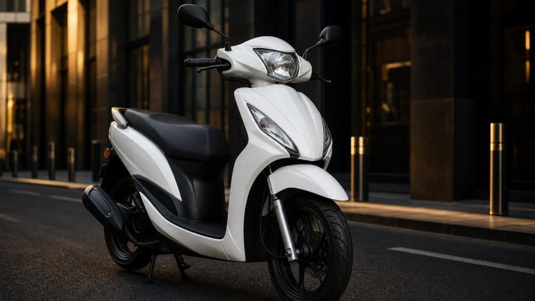 Scooter urbain 50cc blanc et noir garé dans une rue moderne au coucher du soleil.