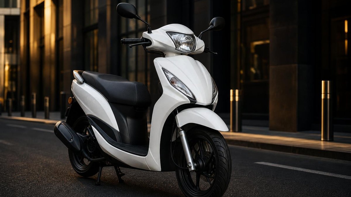 Scooter urbain 50cc blanc et noir garé dans une rue moderne au coucher du soleil.