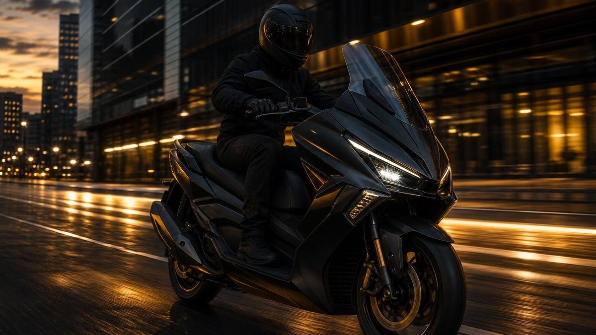 Maxi-scooter GT urbain 125cc noir en pleine ville au crépuscule, conducteur casqué.