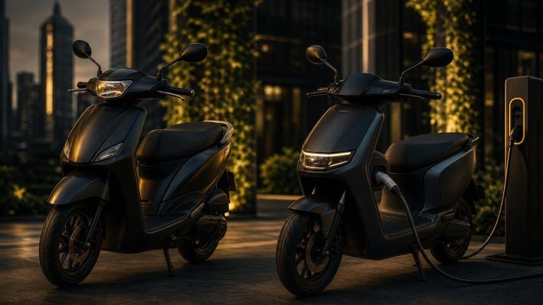 Scooter thermique et scooter électrique en charge côte à côte en ville, ambiance transition écologique.