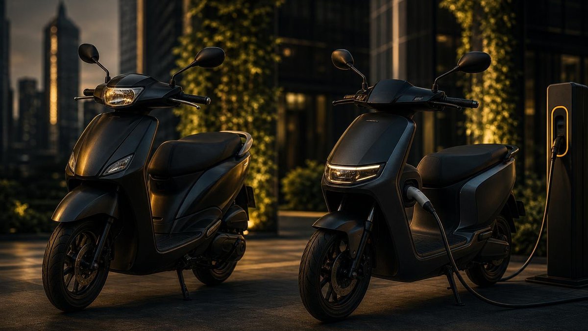 Scooter thermique et scooter électrique en charge côte à côte en ville, ambiance transition écologique.