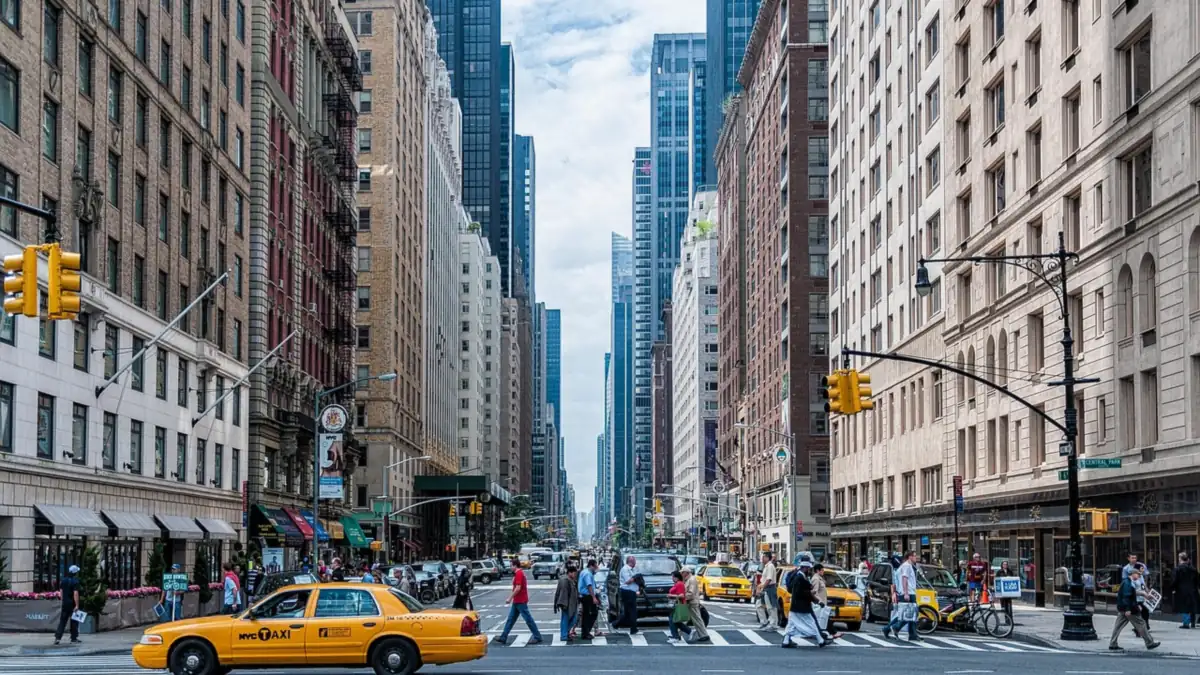 Taxi jaune et piétons sur un passage clouté d'une avenue de Manhattan bordée de gratte-ciel