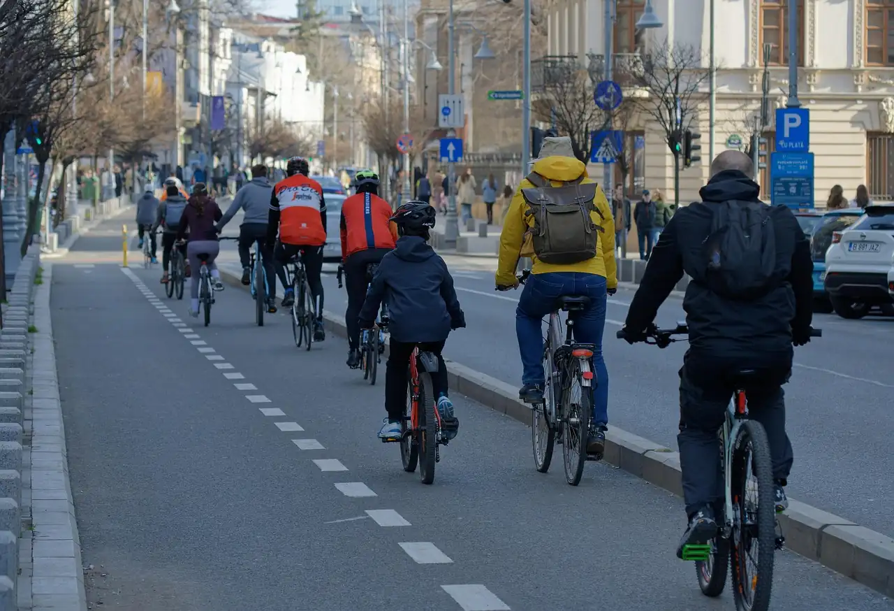 Groupe de cyclistes vus de dos sur une piste cyclable séparée, dont un en veste jaune, dans une avenue bordée d'arbres